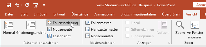 Ansicht Foliensortierung einblenden